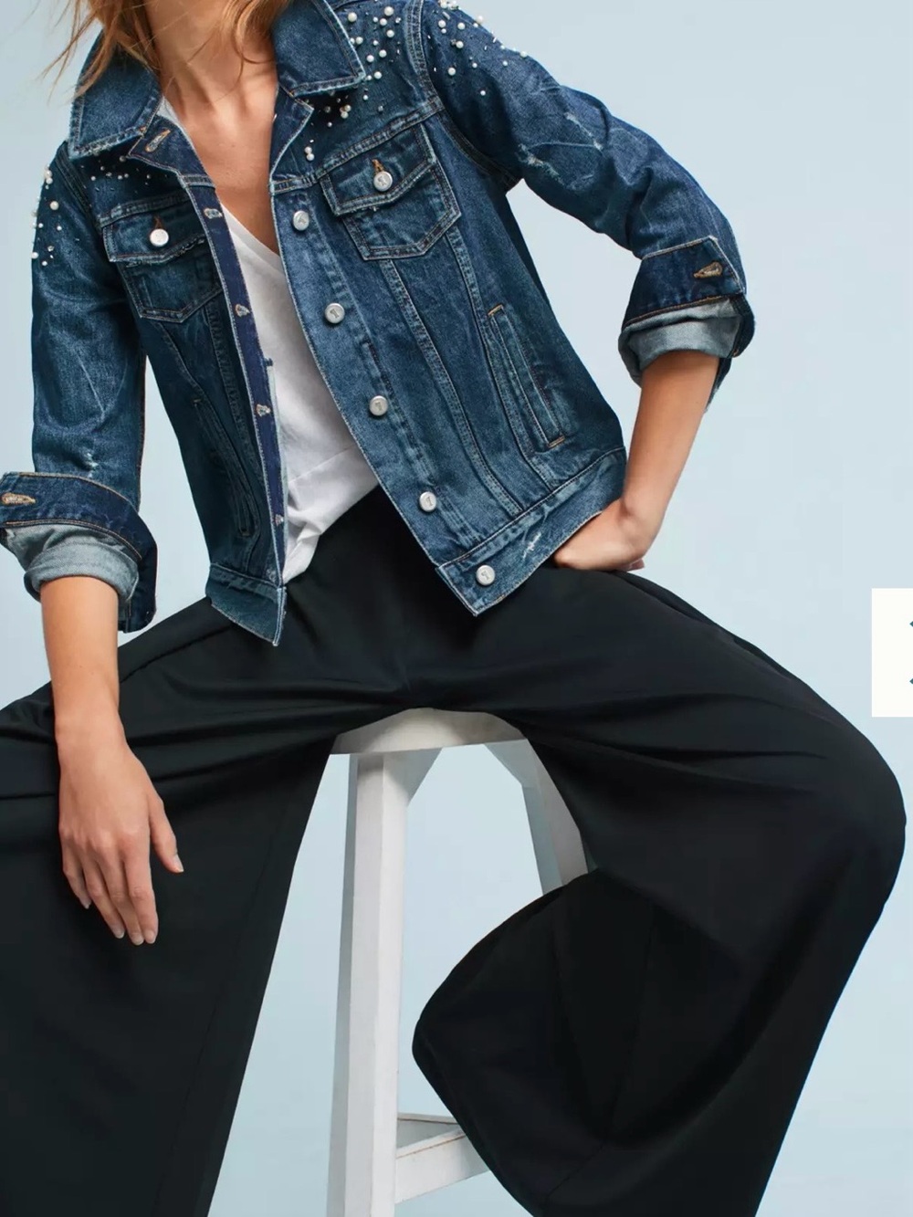 Anthropologie Pearl-Embellished Dark Blue Denim Trucker Jacket